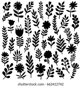 Set of  Branches and Flowers Isolated on white background. Vector illustration. Black Silhouettes. Flat style. Hand Drawn with Pen Brush Tool. Background decorative elements. 