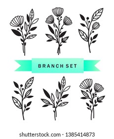 Set of branches with flowers and leaves. Patterns for decoration. Elements for cutting paper, plotter or laser cutting.