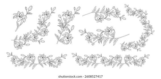 Set of branches with flowers. Lilies. Hand drawn silhouette. Botanical leaves. Wedding. Tattoo outline. Line art. Wreaths. Clip art vector. Elements on transparent isolated background. Editable stroke