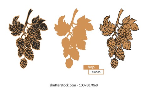 Set branches of hops with leaf and cone. Botanical art line drawing design. Realistic vector sketch Eco food Nature shapes Background Organic drink, beer Herb illustration isolated on white background