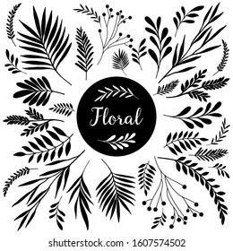 Set of branches, leafs. For invitations, wedding cards, Christmas, greeting cards. Vector on a white background.