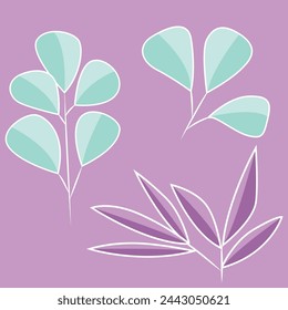 Set of branches with leaves in abstract style. Botanical elements in pink and aquamarine colors. Flat vector illustration.