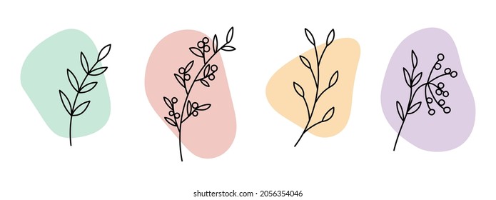 Set of branches with leaves and branches with berries on abstract spots. Vector illustration.