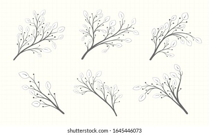 A set of branches with leaves of different shapes and berries in a gray tone on a notebook sheet in vintage style 