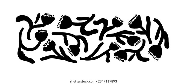 Set branches with leaves and flowers . Hand drawn black brush botanical ornament. Hand drawn vector eucalyptus, laurel twigs. Dry brush style floral motives. Monochrome print.