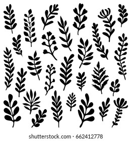 Set of  Branches with leaves Isolated on white background. Vector illustration. Black Silhouettes. Hand Drawn with Pen Brush Tool.  Background decorative elements. 