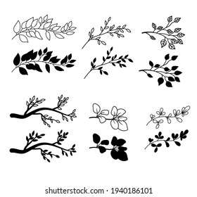 A set of branches with leaves. Silhouettes and outlines. Vector objects are isolated, hand drawn