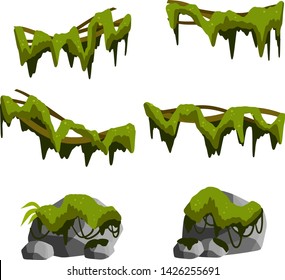 Set of branches with moss and green grass. Marsh plant. swamp Stones with mold. bog vine of trees. Cartoon flat illustration. Part of the scenery of the jungle