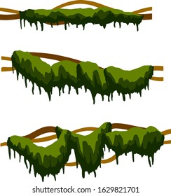 Set of branches with moss and green grass. Swamp bog vine of trees. Marsh plant. Cartoon flat illustration. Part of scenery of jungle