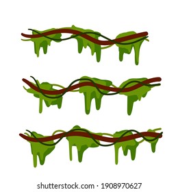 Set of branches with moss and green grass. Part of scenery of jungle. Swamp bog vine of trees. Cartoon flat illustration. Element of tropical forest. Marsh plant