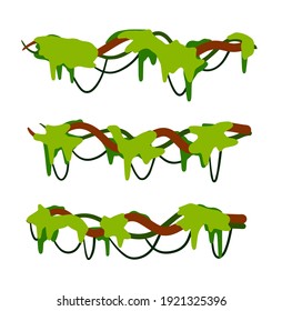 Set of branches with moss and green grass. Part of scenery of jungle. Swamp bog vine of trees. Marsh plant. Cartoon flat illustration. Element of tropical forest