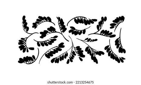 Conjunto de siluetas de ramas con hojas pequeñas. Ramas curvadas decorativas de pincel dibujadas. Elementos botánicos vectoriales rústicos aislados sobre fondo blanco. Ilustración de tinta negra. Clásicos florales dibujados a mano