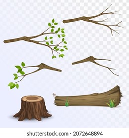 Set of branches with and without leaves, branch and log, collection of tree parts