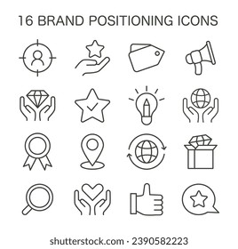 Set of brand positioning icons. Showcasing key marketing elements like target audience, quality, and global reach. Essential tools for brand strategy. Flat vector illustration