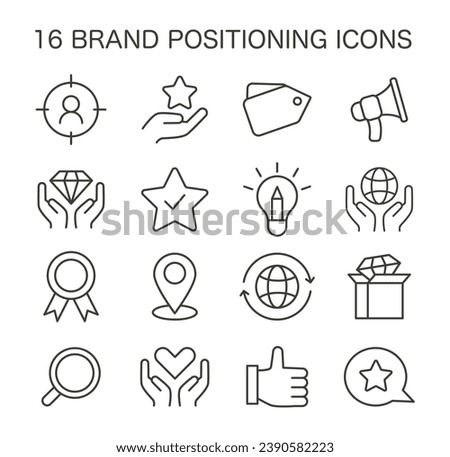 Set of brand positioning icons. Showcasing key marketing elements like target audience, quality, and global reach. Essential tools for brand strategy. Flat vector illustration