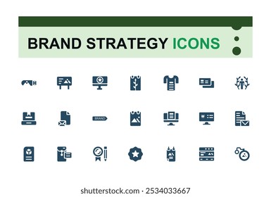 Set of Brand strategy solid icons. Containing logo design, marketing, advertising, business card, promotion. Filled icon collection. Pixel perfect vector illustration.