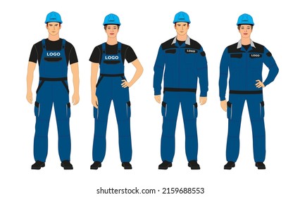 A set of branded overalls. Man and woman in branded work clothes. Blue and black colors