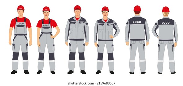 A set of branded overalls. Man and woman in branded work clothes. Gray and red colors