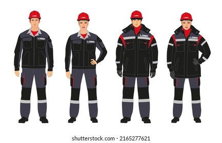 A set of branded overalls. Man and woman in warm branded work clothes. Jackets and down jackets