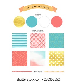 Set for branding. Colors, backgrounds and borders.  Golden paint, watercolor and different patterns.