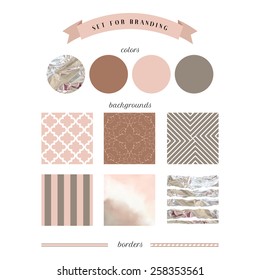 Set for branding with colors, backgrounds and borders. Crumpled foil, watercolor and different patterns.