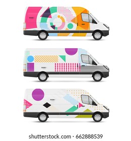 Set of branding design templates white bus in modern geometric style. Mock up transport for advertising, business and corporate identity.