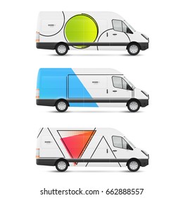 Set of branding design templates white bus in modern geometric style. Mock up transport for advertising, business and corporate identity.