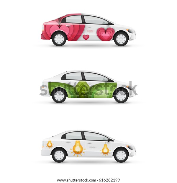 Set of\
branding design templates white passenger car. Mock up transport\
for advertising, business and corporate\
identity.