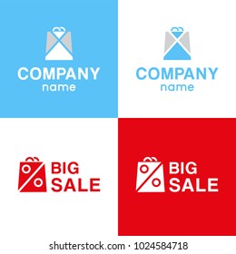 Set branding for your own business. Blue minimal abstract logo with shopping package with icon discount. Logotype big sale with red package. Modern vector style, design for business store company.