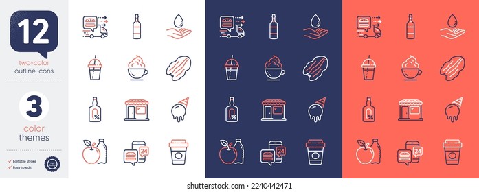 Set of Brandy bottle, Pecan nut and Takeaway coffee line icons. Include Coffee cup, Ice cream, Apple icons. Water care, Food delivery, Alcohol free web elements. Market, Food app. Whiskey. Vector