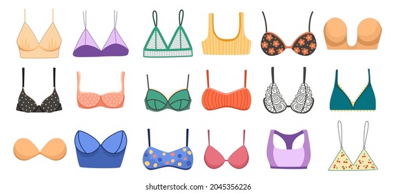 Set Bras Collection, Types of Lingerie Balconette, Strapless, Glamour Erotic Push-up. Bikini, Bandeau Plunge and Body Figure, Bodysuit, Demi Cup or silicone Underwear. Cartoon Vector Illustration