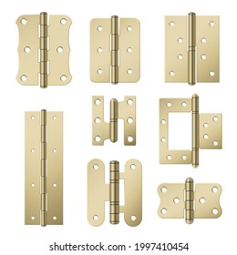 Set brass door hinges various shapes vector illustration in realistic style. Collection golden metallic equipment for attached construction isolated on white. Glossy hardware stainless yellow surface