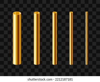 A set of brass or gold pipes of various diameters. Metal rods, isolated on transparent background. Realistic vector illustration.