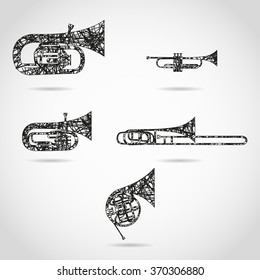 set of brass instruments for orchestra. painted design