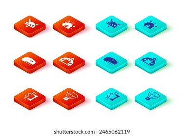 Set Brass knuckles, Box flying on parachute, Military beret, barracks, Bomb explosion and Viking horned helmet icon. Vector