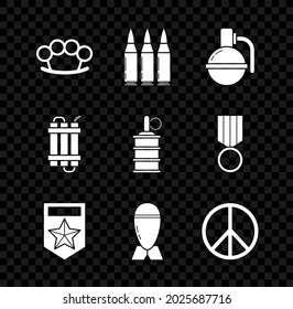 Set Brass knuckles, Bullet, Hand grenade, Chevron, Aviation bomb, Peace, Detonate dynamite stick and icon. Vector