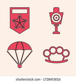 Set Brass knuckles , Chevron , Human target sport for shooting  and Parachute  icon. Vector