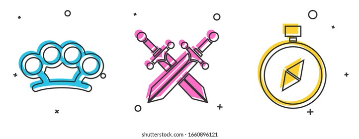 Ponga nudillos de bronce, espada medieval cruzada e icono de la brújula. Vector