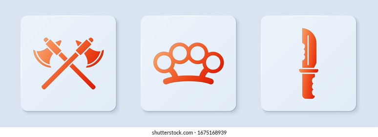 Set Brass knuckles, Crossed medieval axes and Military knife. White square button. Vector