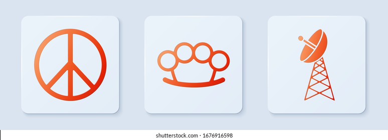 Set Brass knuckles , Peace  and Radar . White square button. Vector