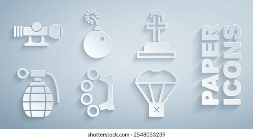 Set Brass knuckles, Soldier grave, Hand grenade, Box flying on parachute, Bomb ready to explode and Sniper optical sight icon. Vector