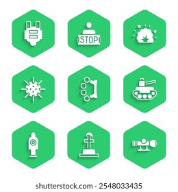 Set Brass knuckles, Soldier grave, Sniper optical sight, Military tank, Human target sport for shooting, Naval mine, Bomb explosion and Bulletproof vest icon. Vector