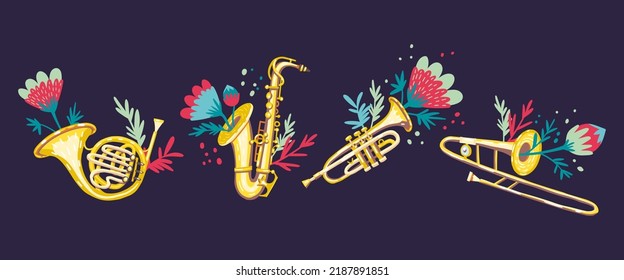 Instrumentos musicales de latón, decorados con flores. Orquesta sinfónica. Instrumentos de viento clásicos: trompeta, saxofón, cuerno francés trombónico. Vector plano de dibujos a mano