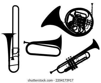 Conjunto De Instrumentos Musicales De Brass Silhouettes, Vectores Franceses De Cuerno, Bugle, Trombone Y Trumpet