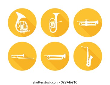 Set of Brass Musical Orchestra Instruments. Vector Icons isolated on white. More Musical Instruments in Portfolio.
