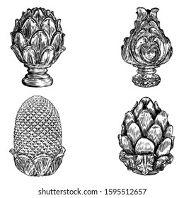 Set Of Brass Or Stone Pineapple Finial Hand Drawing. Detailed Architecture Design Element. Vector.