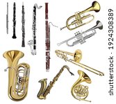 a set of brass and woodwind instruments: flute, clarinet, oboe, bass clarinet, bassoon, horn, trumpet, flugelhorn, trombone, saxophone, tuba. vector, realism