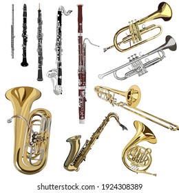 Vector Illustration Set Of Brass Musical Instruments In Cartoon