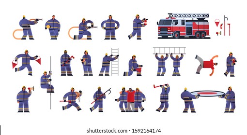 set brave firemen in different poses firefighters wearing uniform and helmet firefighting emergency service extinguishing fire concept flat white background full length horizontal vector illustration