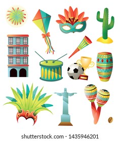 Set of brazil country colorful icons, traditional objects